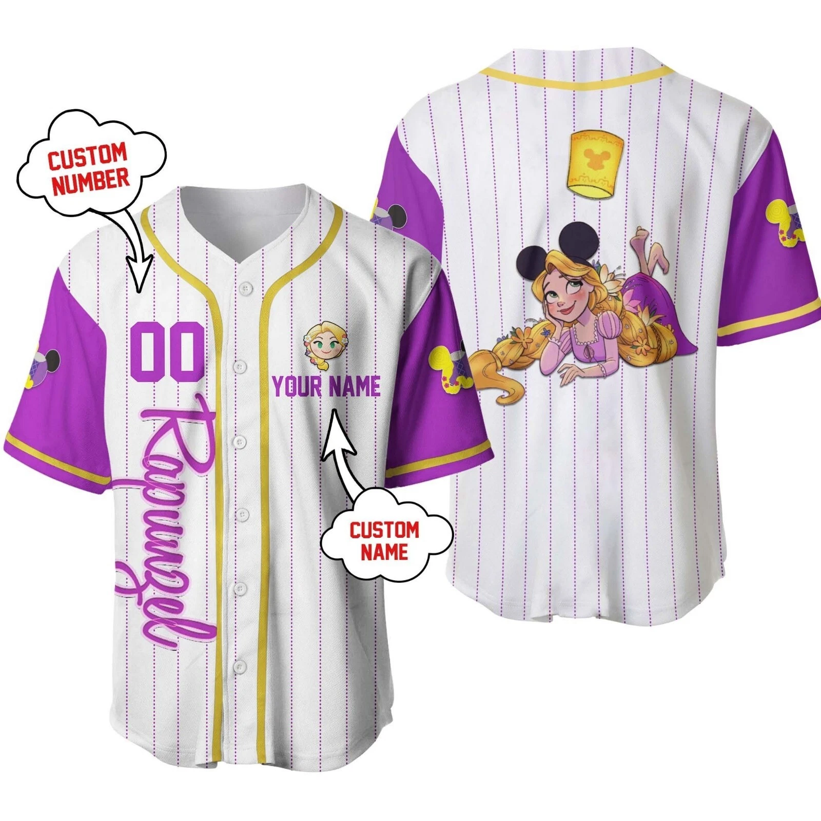 Personalized Disney Rapunzel Princess Tangled Baseball Jersey Button Down Shirt