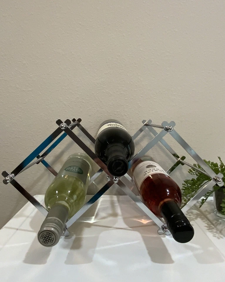 De Colección Pier 1 Importaciones Cromo Mesa Plegable Vino Estante 3 Botellas Caja Original Nuevo de Lote Antiguo Foto 2 de 4