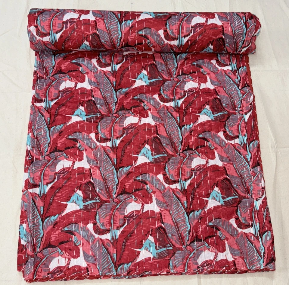Funda de cama Kantha Gudari roja boho vintage hecha a mano manta cosida a mano Razai Foto 4 de 4