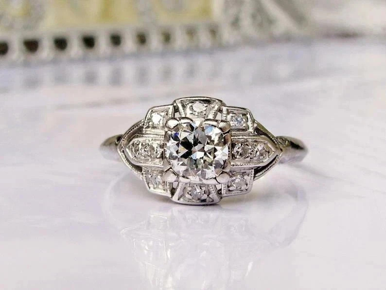 2 Ct Round Lab Created Diamond Art Deco Style Engagement 14K White Gold FN Rings