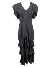 Vintage 90s Justin David Black Ruffle Tiered Maxi Dress Gown 14 WhimsiGoth Fairy