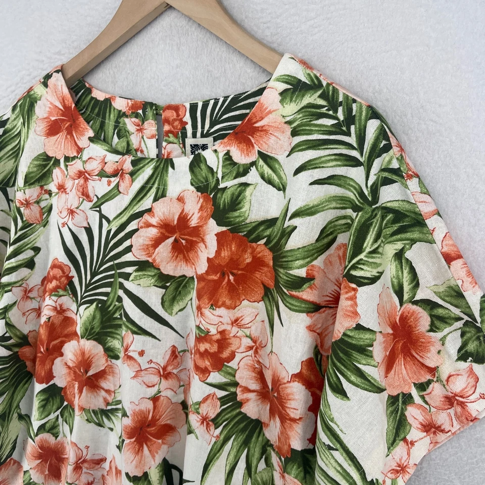 ANNE KLEIN Top M Tropical Floral Linen Blend Blouse Boxy Dolman Pink Green - Image 2 of 4