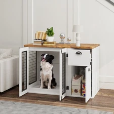 44" Furniture Dog Crate with Double Door, Storage, for M Dogs, White
