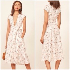 Reformation Bayu Dress White Floral Button Front Linen Midi Tie Belt Sz 6