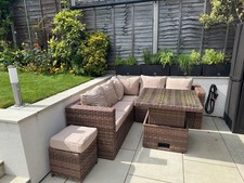 Rattan small 6 seater dining corner sofa set adjustable table and cube, brown