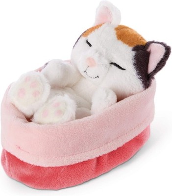 NICI Kuscheltier Sleeping Kitties Katze 12cm, Creme, im rot-rosanen Körbchen