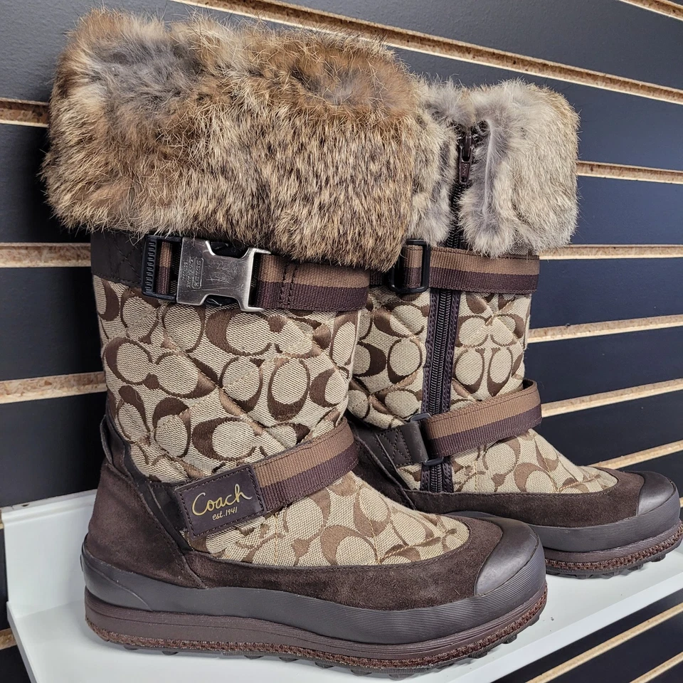 COACH Mariette Winter Boot Size 8M Signature Khaki Fabric Fur Suede A7185 - Image 2 of 4