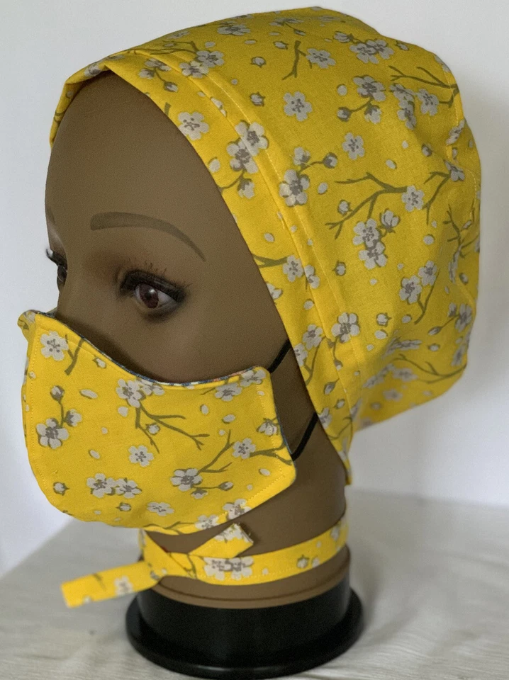 Yellow Floral Scrub Hat And Face Mask Set - Image 3 of 4