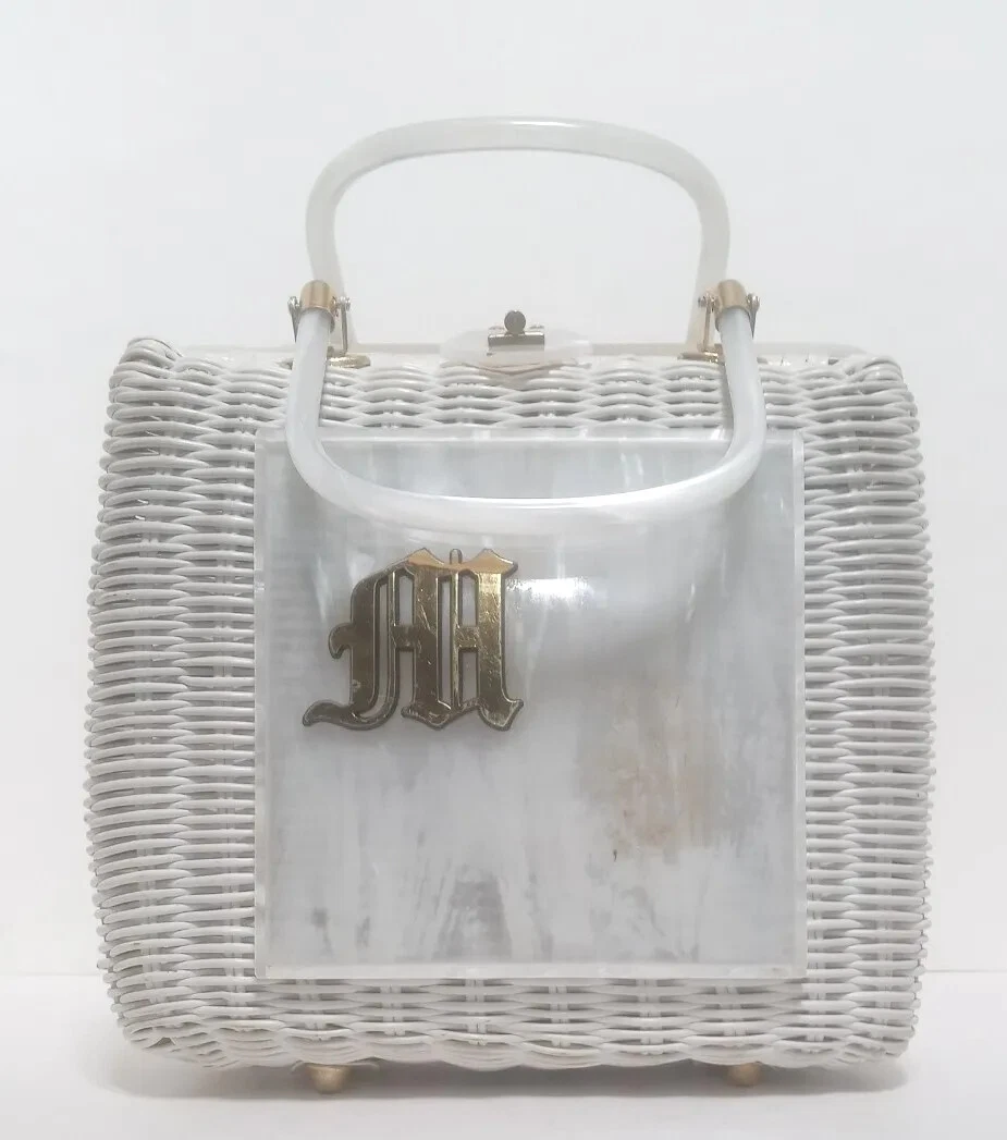 Vintage White Woven Wicker Rattan Purse Bag Lucite Handles Square Hinged Lined