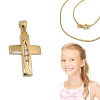 Erst- Kommunion Premium Zirkonia Kreuz AnhäNger Mit Kette Silber 925 Vergoldet