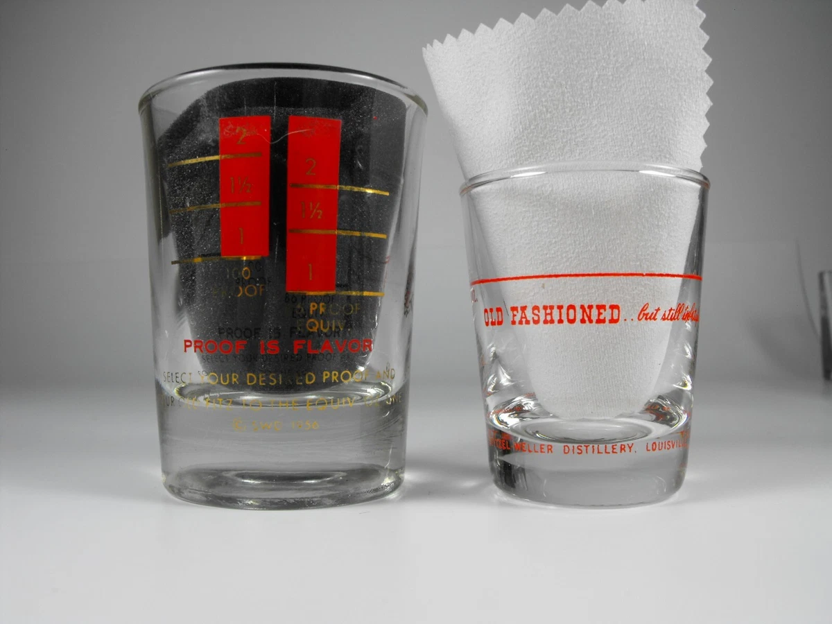 2 Vintage Old Fitzgerald Shot Glasses Jigger Proof Selector 1956