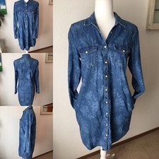 Gap Blue Chambray Flower Pattern Faux Pearl Snap Up LS Short Dress Wmn SM Pocket