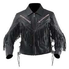 Women's Black Cowhide The Motorcyclist Jacket Fringes & Beads Leather Coat