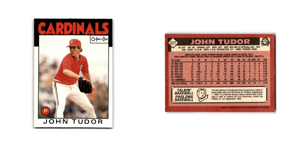 John Tudor 1986 O-Pee-Chee #227 St. Louis Cardinals Baseball Card NM - Image 3 of 3