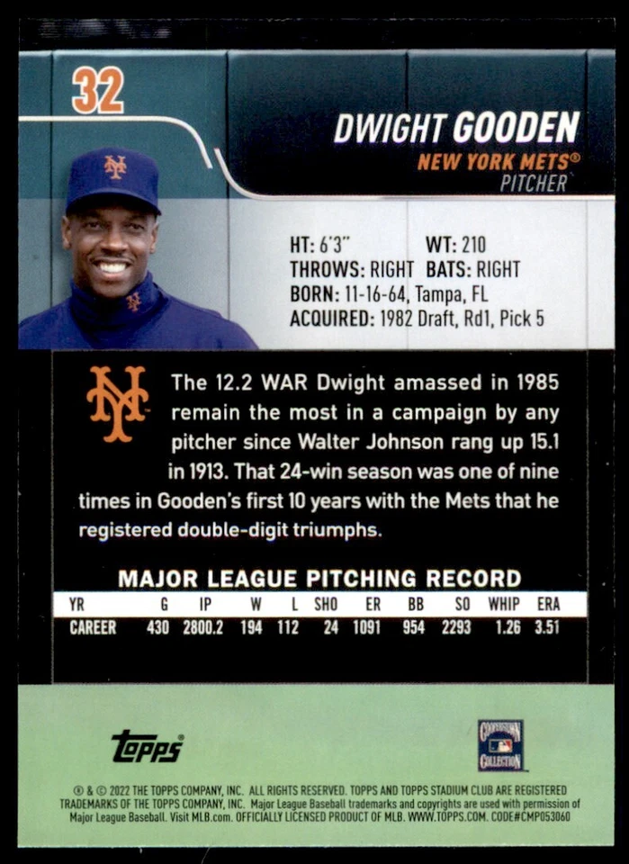 Dwight Gooden 2022 Topps Stadium Club Card #32 New York Mets - Image 2 of 2