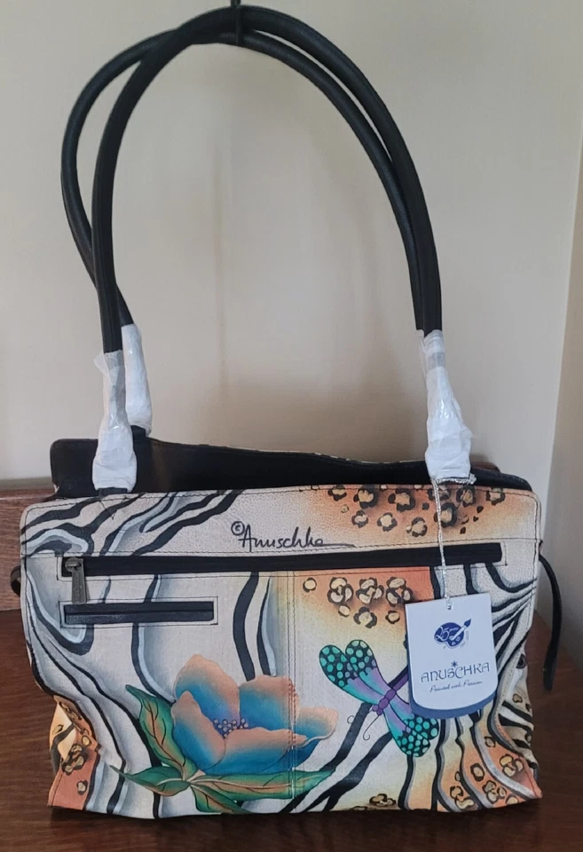 Cartera Anuschka pintada a mano floral, libélula y rayas cebra nueva con etiquetas Foto 3 de 4