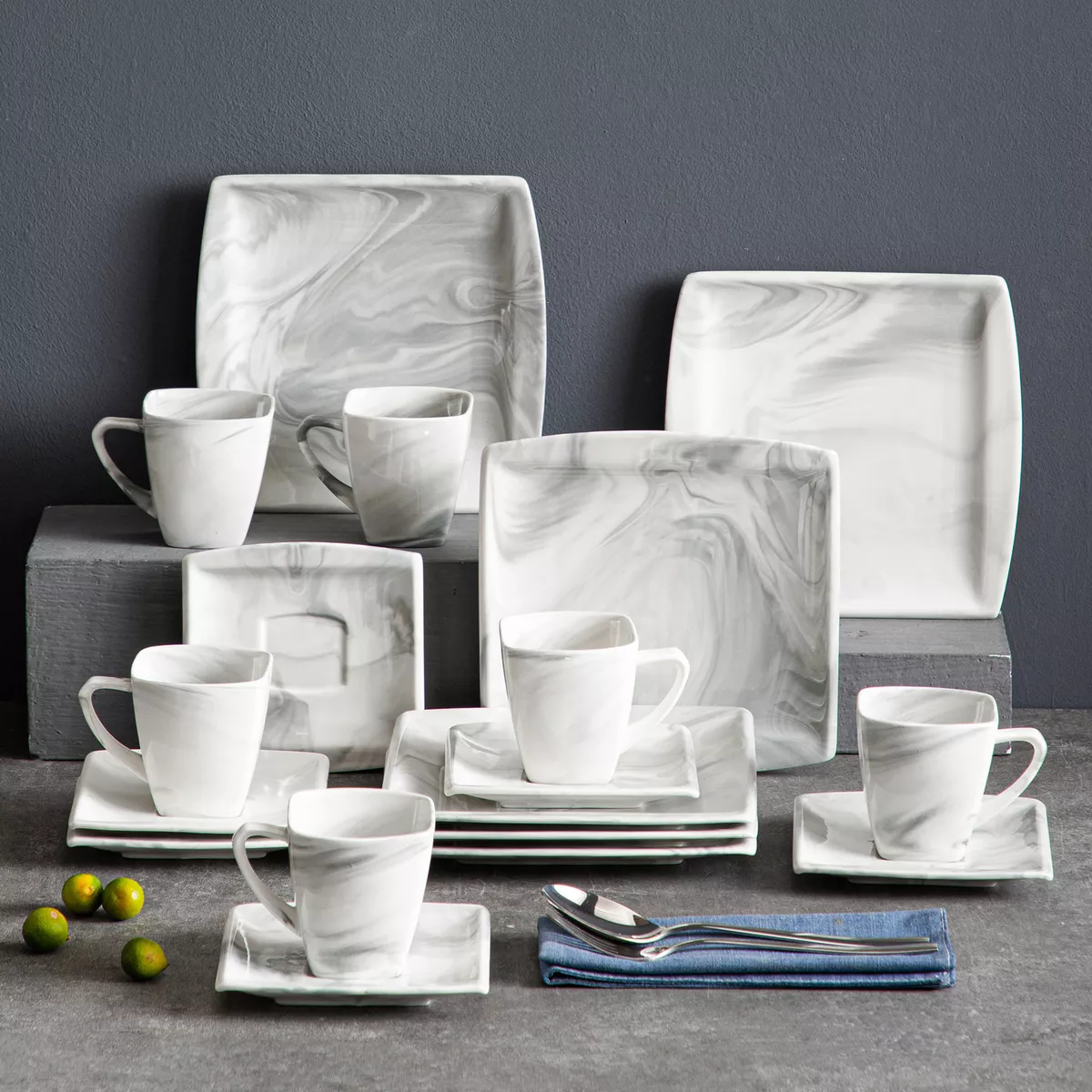 MALACASA Plates and Bowls Sets for 6, 30-Piece Marble Grey Square