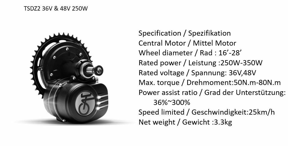 Tongsheng TSDZ2 Mittelmotor 36V 250W Pedelecs Umbau Rücktritt StVZO