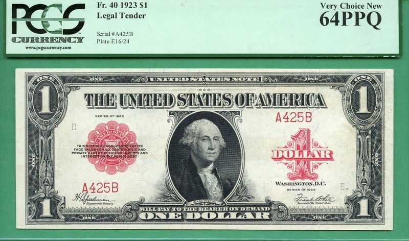 LOW THREE DIGIT SERIAL - A 425 B - 1923 $1 USN - PCGS CU 64 PPQ - Fr 40
