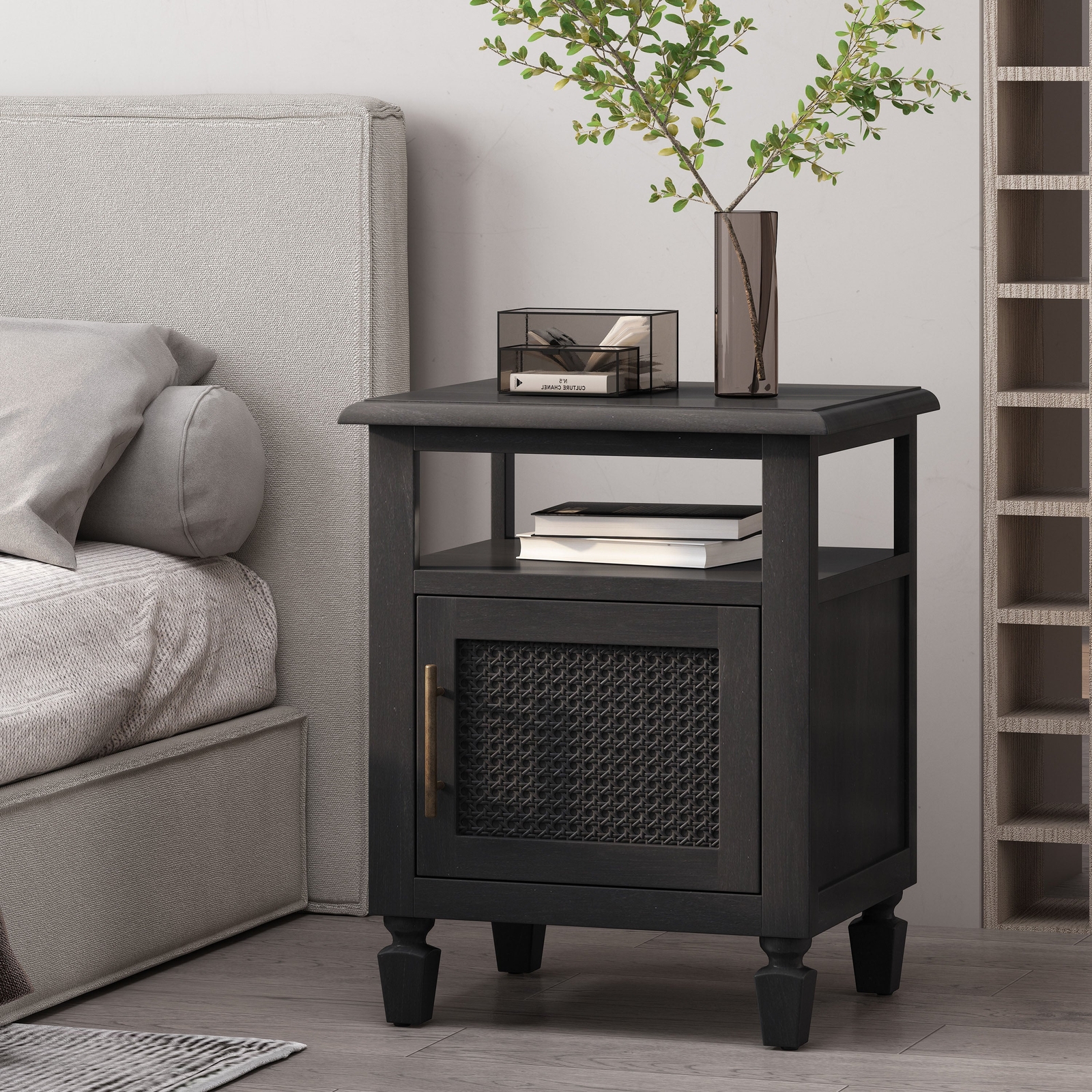 Modern Dark Gray Nightstand w/ Drawer & Shelf