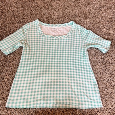 Croft & Barrow Women's Turquoise White Gingham Square Neck 3/4 Sleeve Top Size M