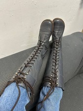 Vintage Grey Leather Knee High Lace Up Combat Boots EU37 US6.5 Goth Riding