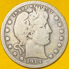 1914 U.S. BARBER SILVER QUARTER 25c COIN (VG-Very Good)