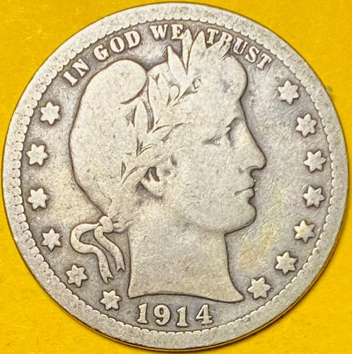 1914 U.S. BARBER SILVER QUARTER 25c COIN (VG-Very Good)