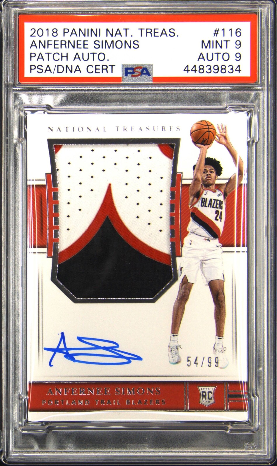 2018 NATIONAL TREASURES PATCH AUTO #116 ANFERNEE SIMONS #/99 PSA 9 AUTO 9