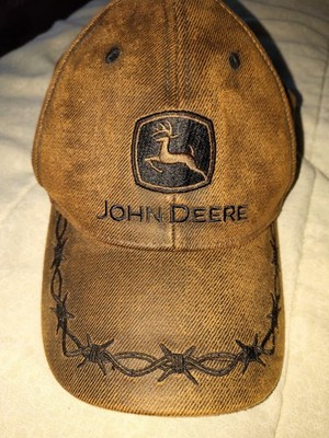 John Deere Tractor Strapback Hat Baseball Cap Brown Oil Skin Pattern Barbed Wire