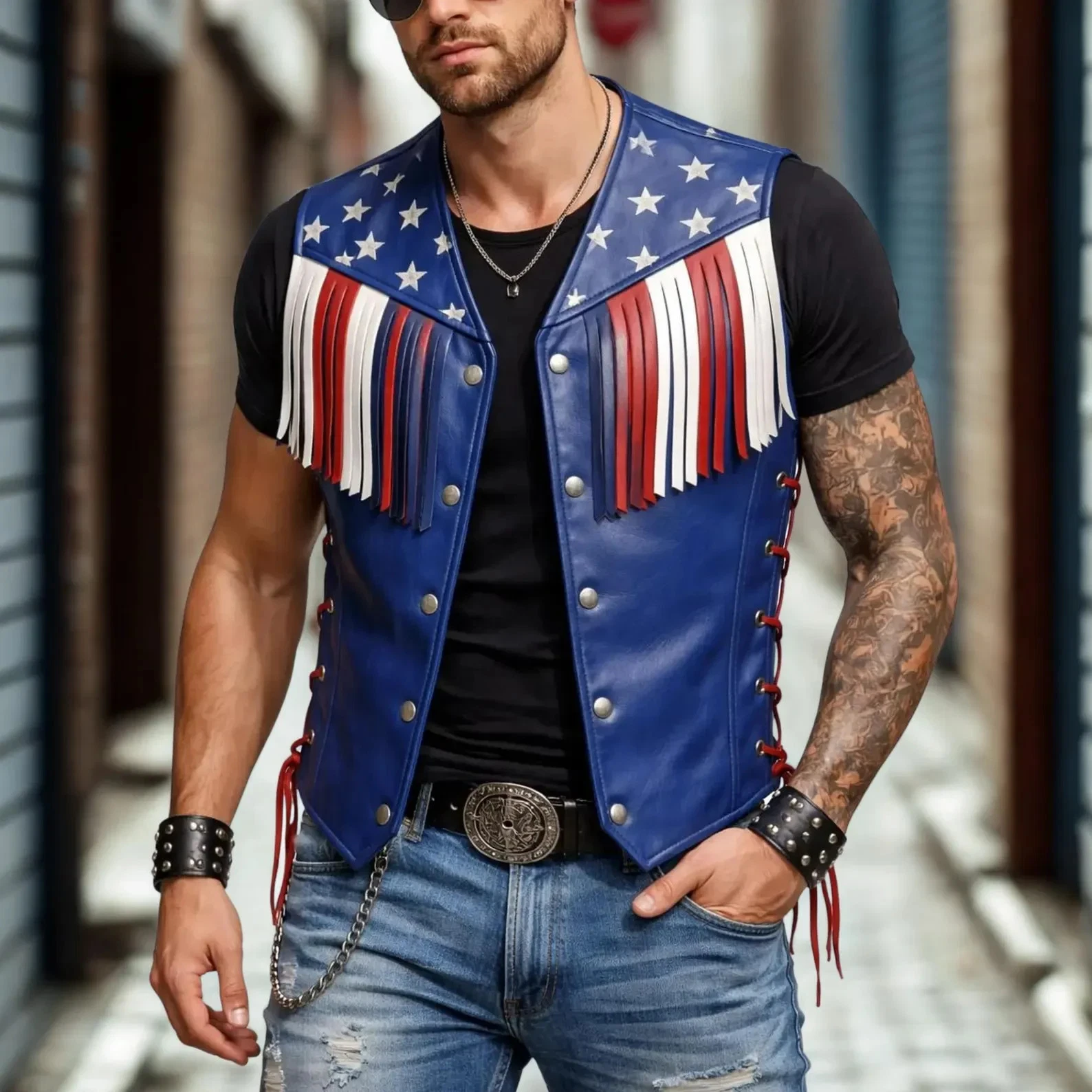 Men's USA Flag Leather Vest with Red White Blue Fringe, Biker Western Style