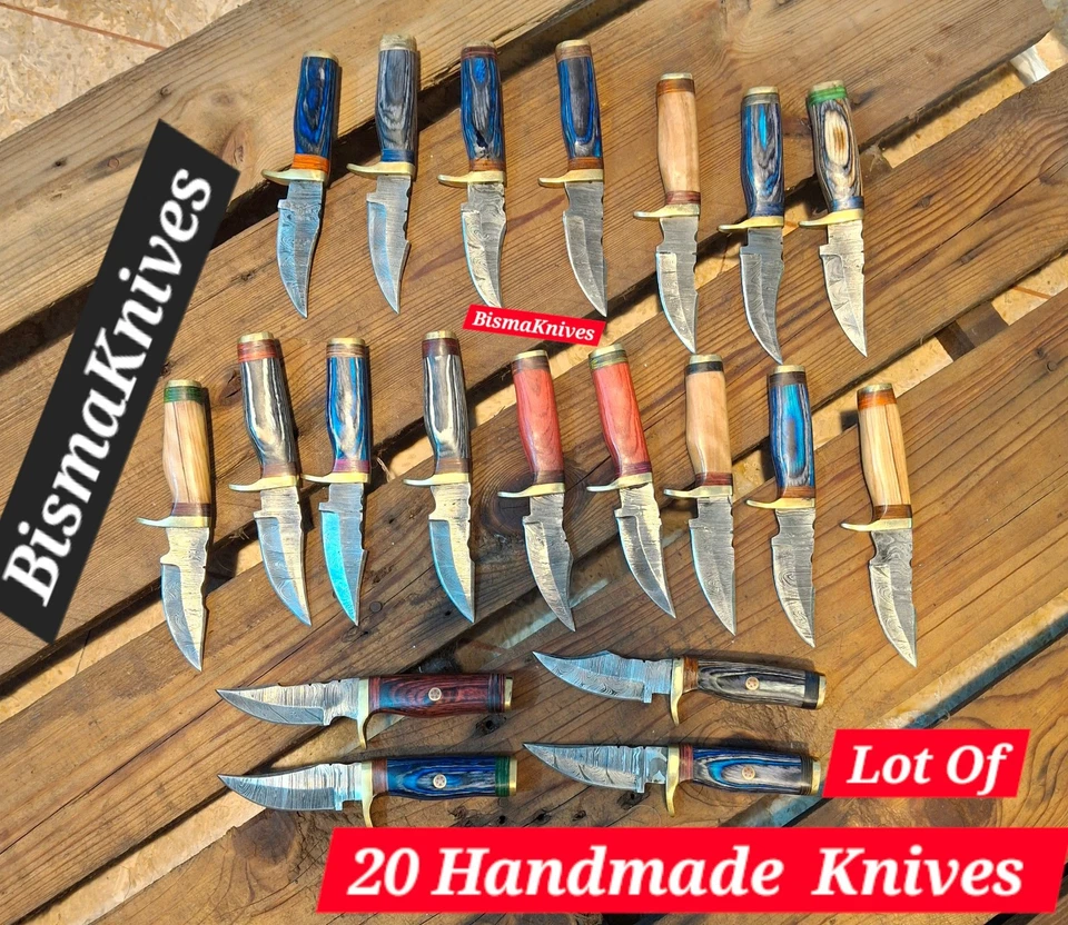 Lot of 20 HANDMADE DAMASCUS STEEL CAMPING  HUNTING KNIVES 6inch W LEATHER SHEATH - Image 2 of 4