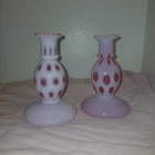 2 Fenton Art Glass RARE Cranberry Coin Dot Candle Stick Holders Vases Vintage
