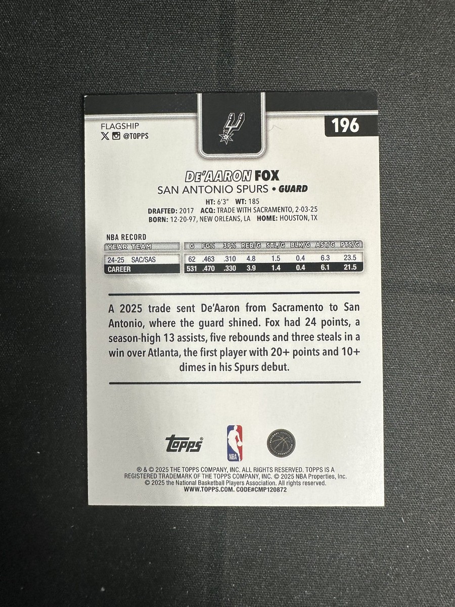 2025-26 Topps Flagship NBA De'Aaron Fox Purple Holo Rainbow Foil