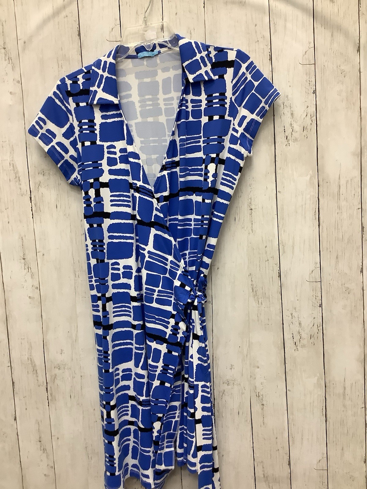 J. McLaughlin Blue Geometric Faux Wrap Dress Catalina Cloth Medium Preppy