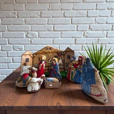 Vintage Handmade Fabric Nativity Set Stuffed Manger Scene Christmas Religious