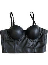Black Faux Leather Bustier Crop Top with underwire cups, adjustable straps. Sz L