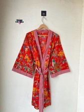 Handmade Red Bird Cotton Robe Short Kimono Beachwear, Sleepwear Night Suit US