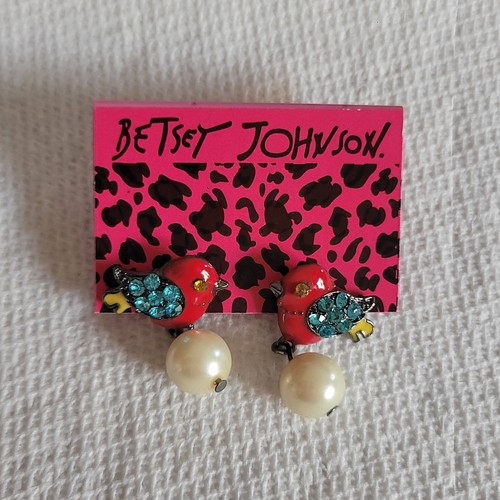 Pendientes colgantes vintage Betsey Johnson pájaro imitación perlas estrás tachuelas post diversión - Imagen 2 de 3