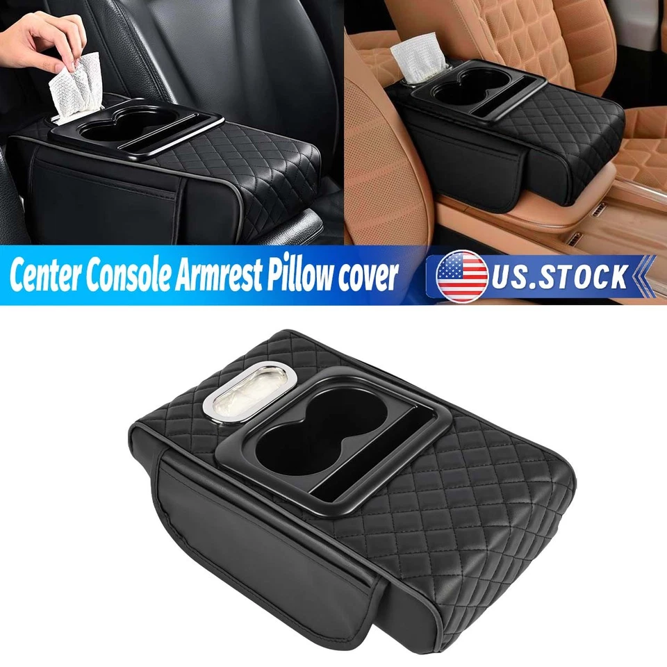 PU Leather Car Center Console Armrest Pillow Auto Armrest Box Cover w/Cup Holder Foto 2 de 4