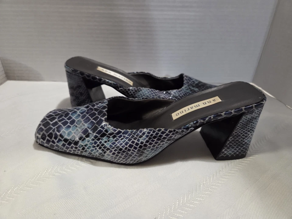 Mulas Ann Marino De Colección Cuero Piel de Serpiente Repujado Azul/Gris Talla 8M Puntera Cuadrada Foto 3 de 4