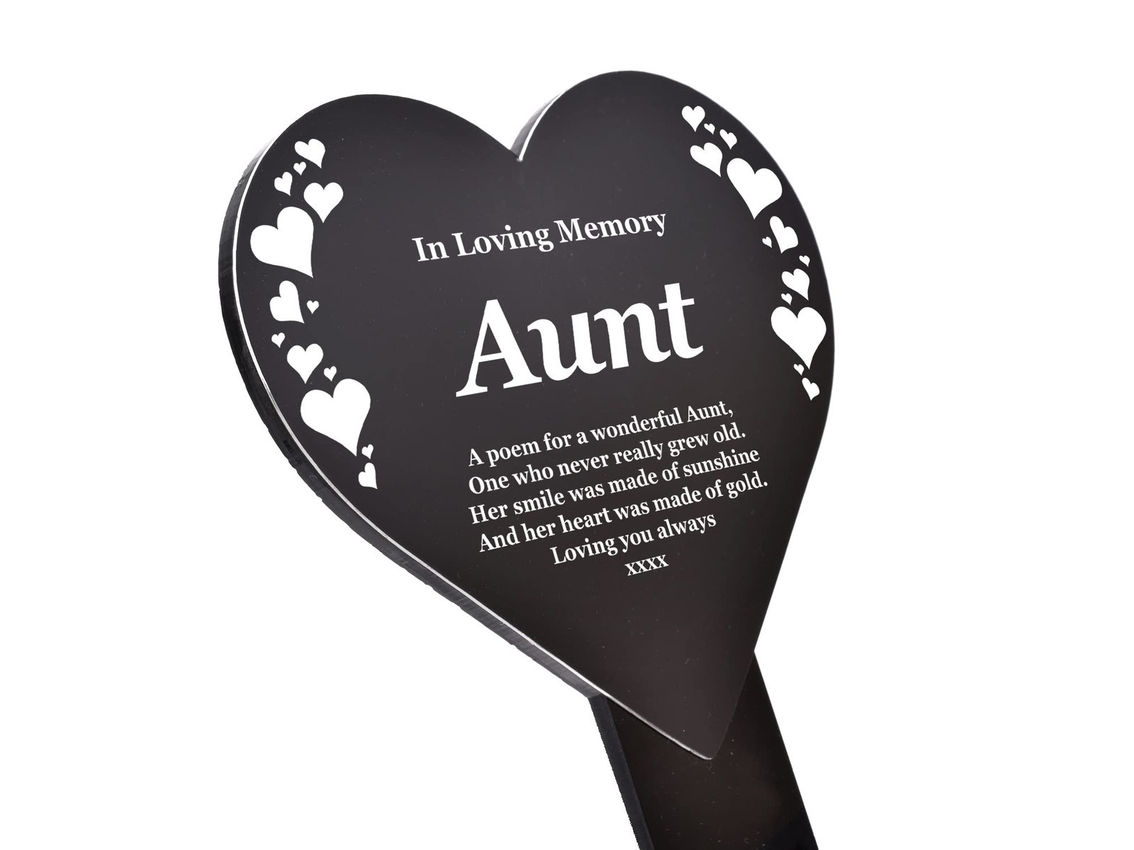Black & White Heart “Aunt” Memorial Plaque Stake, Outdoor Grave Tribute