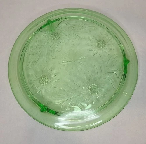 Vintage Jeanette Depression Uranium Glass Footed Cake Plate Sunflower Daisy