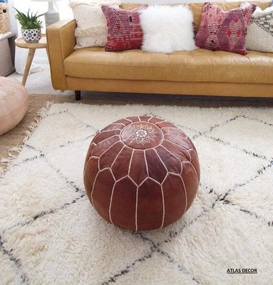 Pouffe de tabouret boho ronde non rembourrée en cuir marocain marron - Photo 1/4