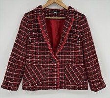 Talbots Red Black Plaid Tweed Blazer Jacket Fringe Trim Classic Preppy Size 8