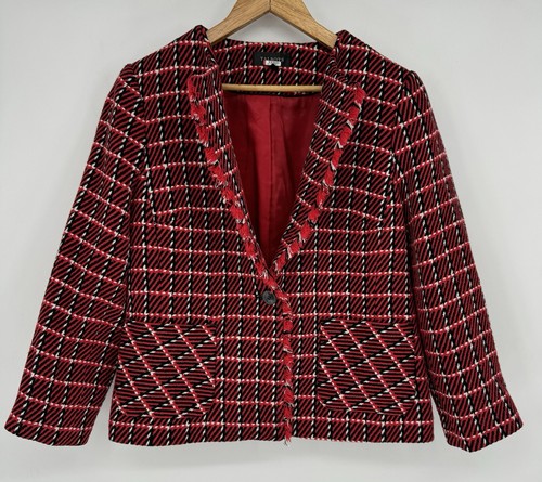 Talbots Red Plaid Cropped Blazer Tweed LS Frayed Collar Women’s Size 8 Classic