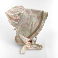 Vintage Girls Flocked Floral Pink White Green Bonnet