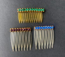 Vintage CELLULOID RHINESTONE HAIR COMB LOT Estate Set Green Purple Blue