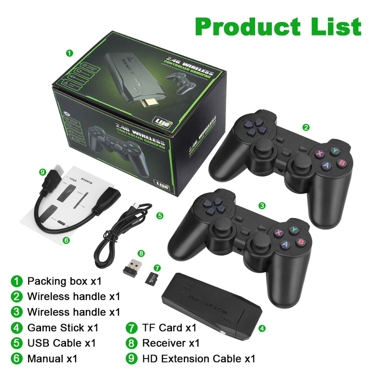 HDMI 4K TV Game Stick Console Built-in 64GB 20000+Retro Games+2 Wireless  Gamepad