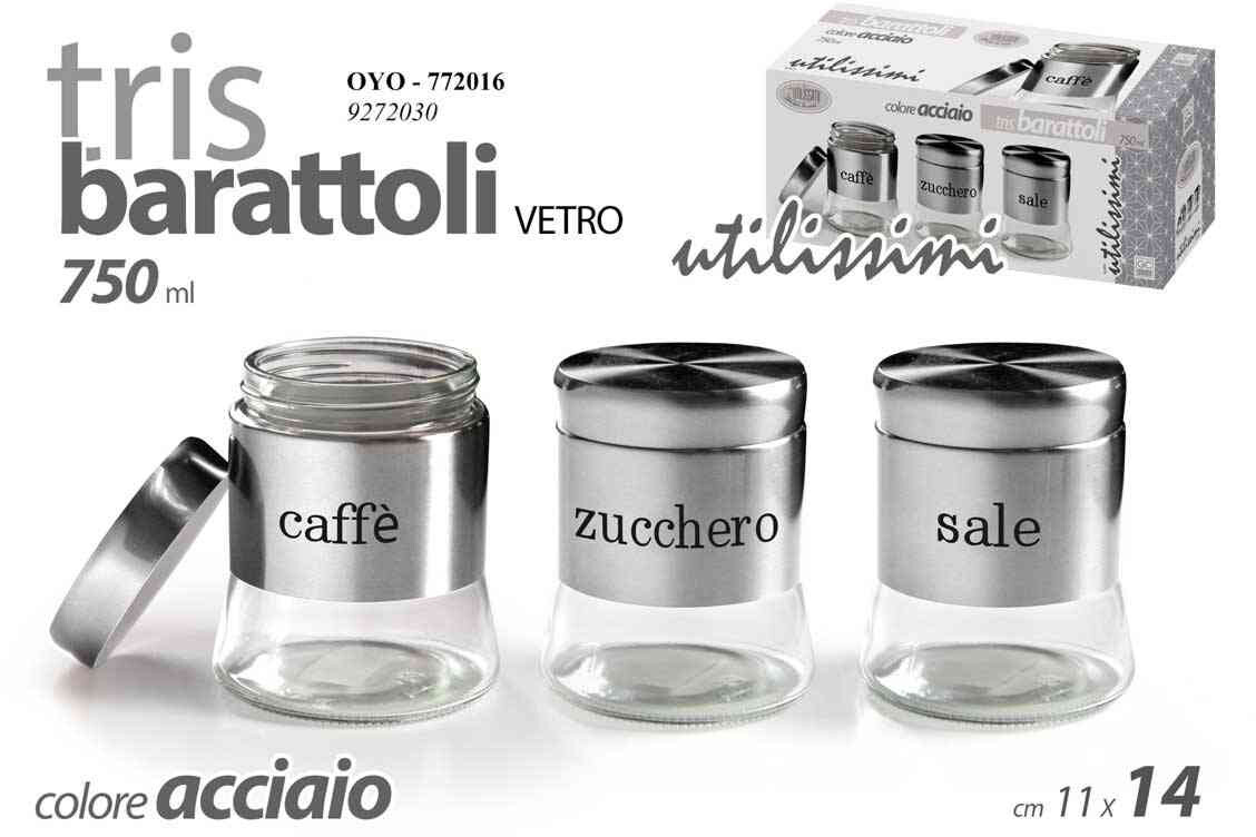 Set Barattoli Cucina Gicos 750ml 3 Pezzi Vetro Acciaio 772016 Promo